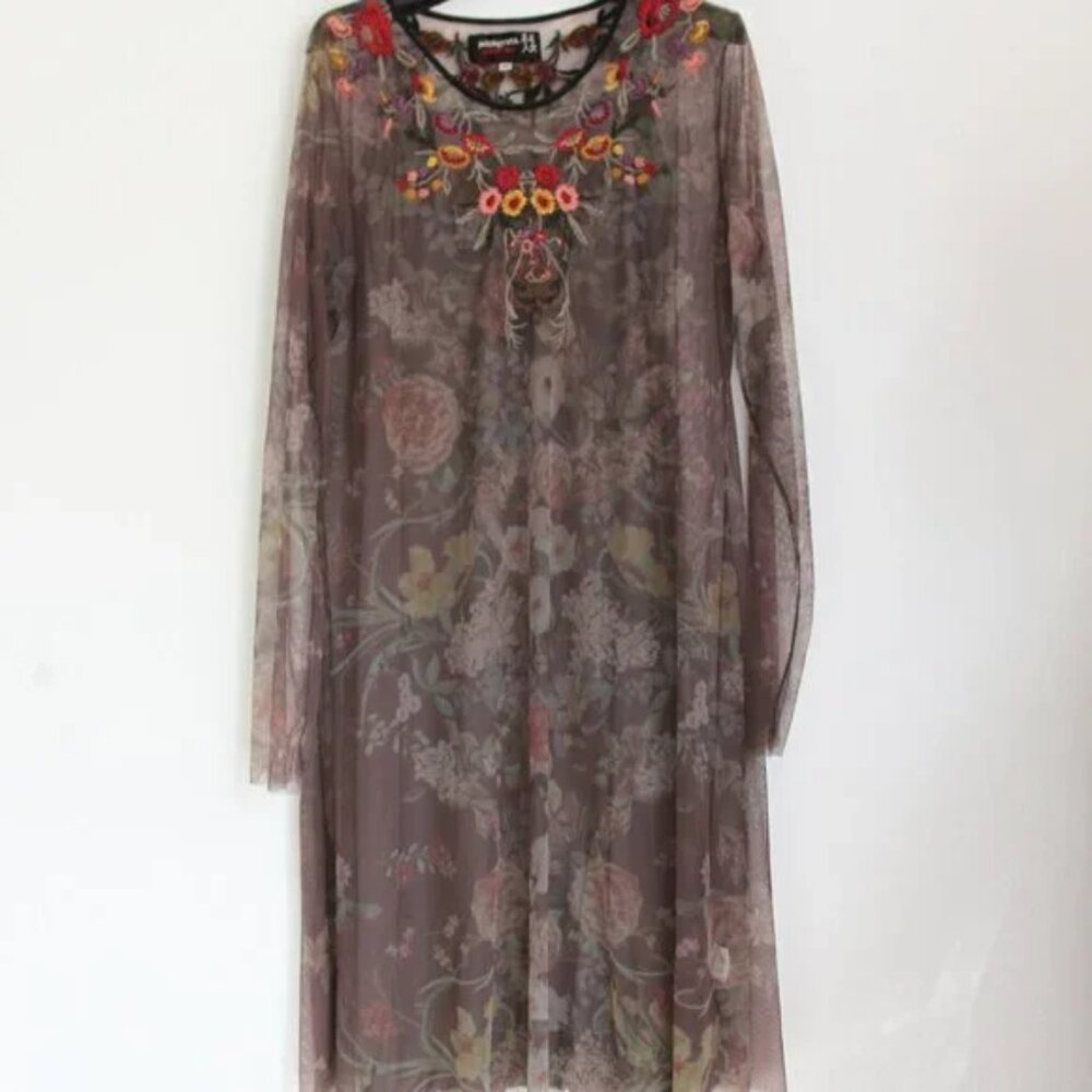 Johnny Was Biya Burnette Mesh Overlay Embroidered Dress